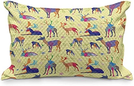 Ambesonne jelena quild jastuk, šarene životinjske siluete u različitim položajima s cvijećem, standardni priručnik za pričvršćivanje kraljica veličine za spavaću sobu, 30 x 20, pastel žuti višebojnik