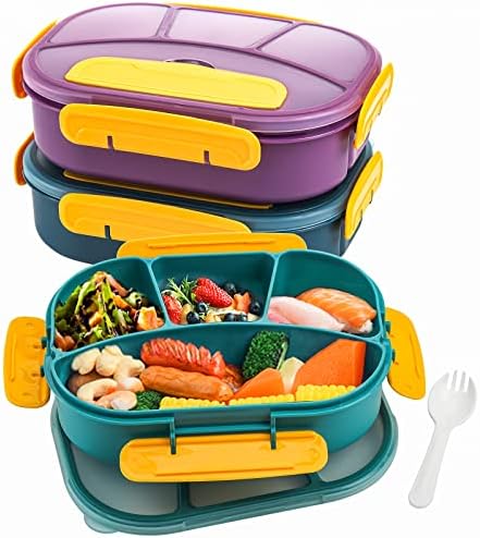 Coloch 3 Pack Bento kutija za ručak sa poklopcem i kašikom, 4 pretinca podijeljena kontejner za skladištenje hrane Prijenosni plastični pregradni spremnik za školu, rad, piknik, putovanja, kontrola porcije