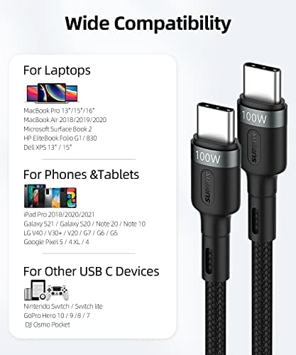 SUNGUY USB C na USB C kabl 1ft, 100w Tip C na tip C kabl USB 2.0 podaci sinhronizacija brzo punjenje najlon pletenica kompatibilan sa Samsung S22 S21 S20+ S10, MacBook Pro 2021/20, iPad Pro 2020/Mini, Pixel