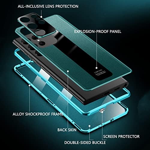 za Samsung Galaxy S22 / S22 Plus / S22 Ultra 5G, dvostrani zaštitni poklopac magnetna adsorpcija prozirno kaljeno staklo metalni Branik Flip Cover prava koža