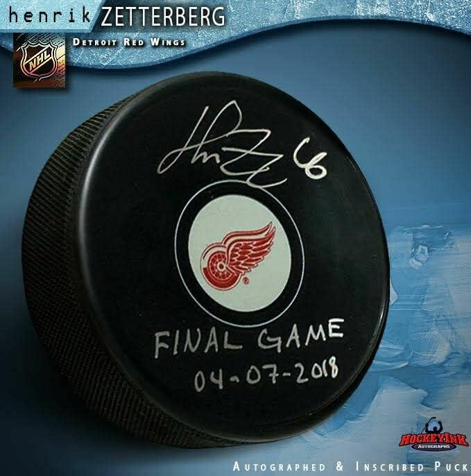 HENRIK ZETTERBERG potpisao Detroit Red Wings Puck upisan-finalna utakmica 04-07-2018-potpisani NHL Pakovi
