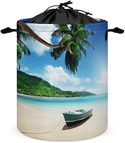 Plaža Sejšeli sa palmama krajolik okrugla torba za veš vodootporna korpa za odlaganje sa poklopcem i ručkom za vezice