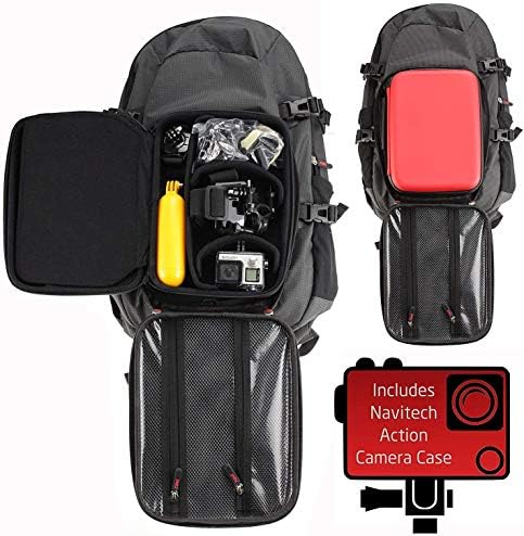 Navitech action ruksak za kameru i crvena kutija za pohranu sa integriranim remenom prsa - kompatibilan s akaso v50 x set za snorkeling