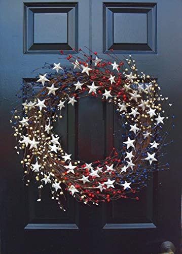 Orhideja i Ivy 20 inča Patriotska crvena, bijela i plava bobica, twig i metalna zvijezda Americana venac za prednje vrata - Rustikalni 4. srpnja Memorijalna dekoracija Unutarnja vanjska zidna umjetnička zvezdica i pruge Početna Dekor