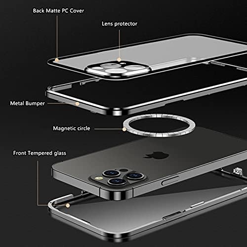 Slučaj za iPhone 12 Pro max, dvostruka zaštita Jonwelsy 360 stupnjeva kompatibilna sa magsafe magnetskom adsorpcijom metalni branik prednjim kaljenim staklom stražnjim zamrznutim računarom za 12.7
