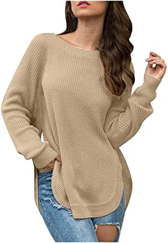 Ženska bočna rukava Split Pleteni džemper pulover Solid Dukseri Tunički vrhovi Crewneck Topli džemper Jumper vrhovi