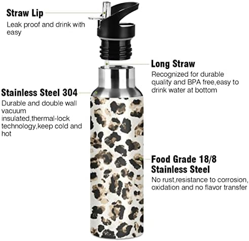 Glafijski životinjski leopard print retro boca sa vodom sa slamnim poklopcem, BPA-bez, 32 oz vode za vodu izolirani nehrđajući čelik,