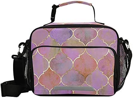 Mnsruu izolovana hladnjača torba za ručak, višekratna poliesterska torba za hlađenje sa kopčom za žene muškarce Dječija Školska Kancelarijska putovanja, Gold Line Pink Geometry