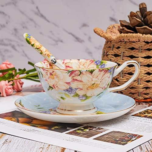 Glen Mila Bone China Čaše i tanjurke Postavite cvjetne čajne šalice Fine Kina Čajne šalice za čaj za čaj, 8-unca ruža Teacup set porculana