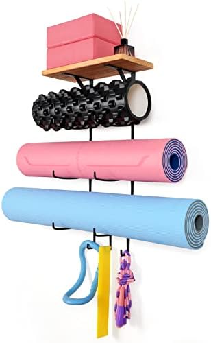 IRIIJANE Yoga Mat Holder zidni nosač, stalak za odlaganje prostirki za jogu sa plutajućom policom i 3 kuke za pjenasti valjak, trake