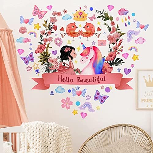 Unicorn zidne naljepnice za djevojčice spavaća soba slatka princeza cvijet ptice zidne naljepnice uklonjivi Rainbow leptiri Zidna