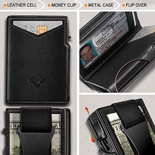 BULLIANT muški novčanik, tanak prednji džepni novčanik kopča za novac RFID Blocking-metalna Pop-up torbica sa kožnom školjkom