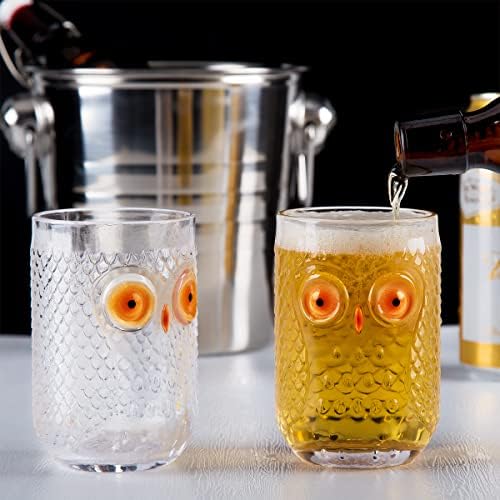 Alamhi Owl staklene šolje slatke šolje, starinski setovi staklenog posuđa od 2 čaše za piće, staklene šolje u obliku limenke u boji rebrastog staklenog posuđa Highball naočare, dekoracija poklona Sova