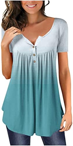 Vrhovi za žene modni V-izrez kontrastni gradijent štampani tuniki vrhovi dugmad kratki rukavi T-Shirt Casual Dressy bluze