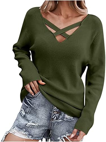 Džemper s V-izrezom za žene šuplje pulover pletene bluze casual čvrste dugih rukava mekane majice za zimske pletenje