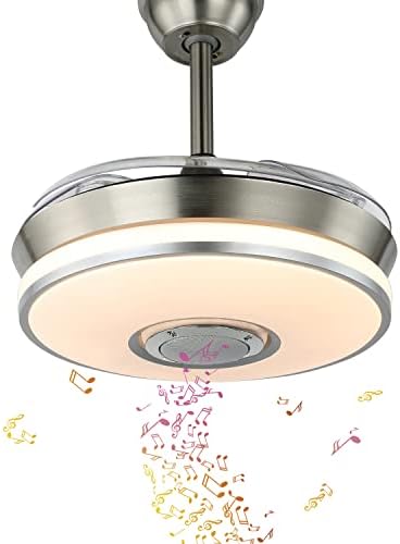 42 inča Fandelier plafonsko ventilatorsko svjetlo sa Bluetooth zvučnikom, uvlačivi Stropni ventilator bez lustera sa daljinskim upravljačem, RGB LED boja svjetla za dnevni boravak, kuhinju i spavaću sobu, Srebrna
