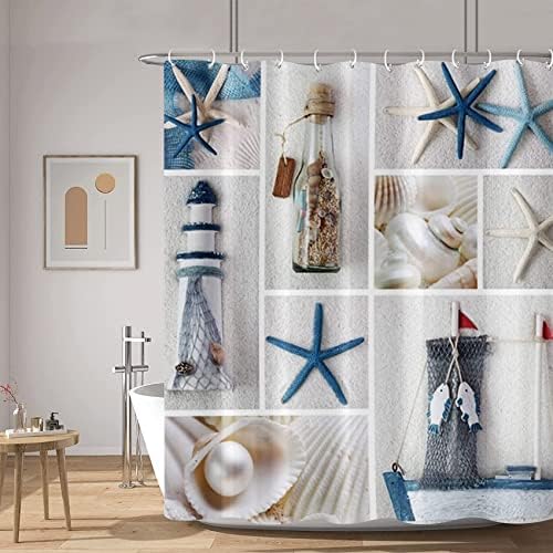 Arrebolart Nautička tuš za tuširanje 72 x 72 inča Okeanska obalna morska zvijezda i svjetionika za zavjesu za kupaonicu za djecu mornarsko