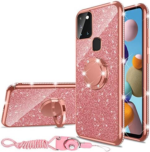 Samsung Galaxy A21s Case, Glitter luksuzna slatka silikonska TPU futrola za telefon za žene djevojke sa postoljem za noge, Bling Diamond Rhinestone Branik prsten stalak tanka futrola za Galaxy A21s