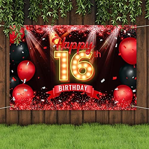 Sretan 16. rođendan Banner Backdrop crvena i Crna 16 godina pozadina bday dekoracije za djevojčice dječake fotografije potrepštine