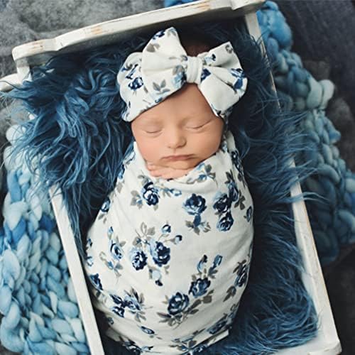 Kisangel Girl swaddle swaddle plavi cvijet koji prima pokrivač s kablorom za glavu za bebe Blaket rastezljivi Swaddle Sack Photo Booth Read za bebe novorođenčad za bebe novorođenčad