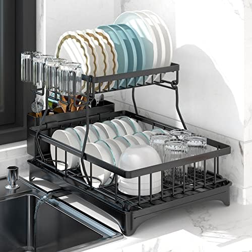 QEWEEQ stalak za sušenje posuđa sa setom odvoda, kuhinjska organizacija & dekor,2-slojni stalci za posuđe od nehrđajućeg čelika za