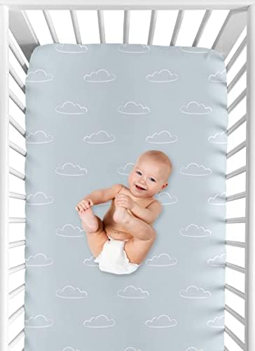 Sweet Jojo dizajn Plavi oblaci Dječak opremljeni krevetić ili dječji vrtić za djecu ili dječji vrtić - škriljevca i bijelo oblačno