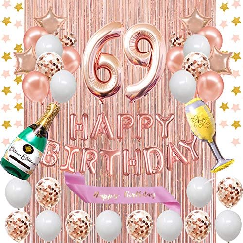 FancyPartyshop 69. rođendan ukrasi - Rose Gold Happy Rođendan Baner i krila sa brojem 69 balona Latex Confetti Baloni idealni za djevojčicu i žene 69 godina star 69 godina