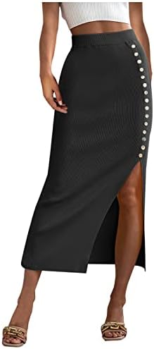 Ženske rebraste pletene pletene suknje ljetne gumbe Elastični visoki struk Linija suknja sa okretanjem Slim FIT Olovka suknja