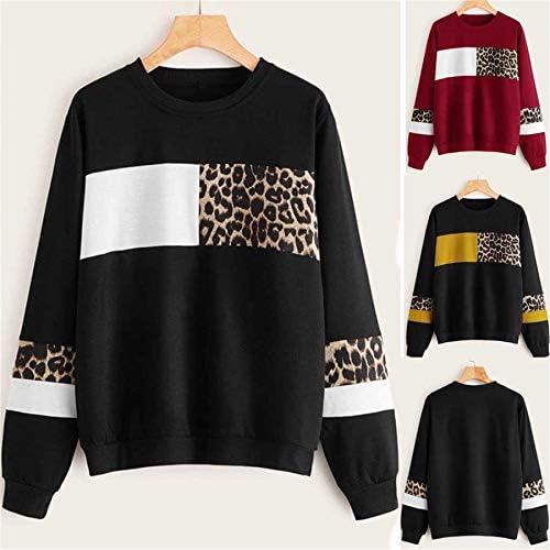 Andongnywel ženski Leopard Print šivanje pulover okrugli vrat labavi rukav posada vrat džemper Casual bluze