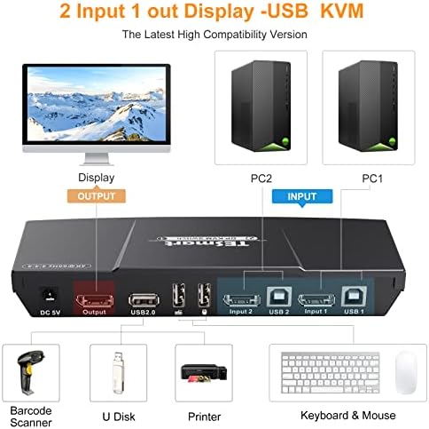 TESmart 2 Port DisplayPort 4K@60Hz Ultra HD 2x1 DP KVM prekidač sa 2 kom 5ft KVM kablovima i DP kablovima podržava USB 2.0 uređaje