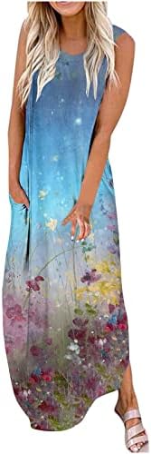 Ljetne haljine za žene, žene Casual labavi cvjetni Print okruglog vrata bez rukava Bohemian Flowy Boho Maxi haljina sa prorezom sa