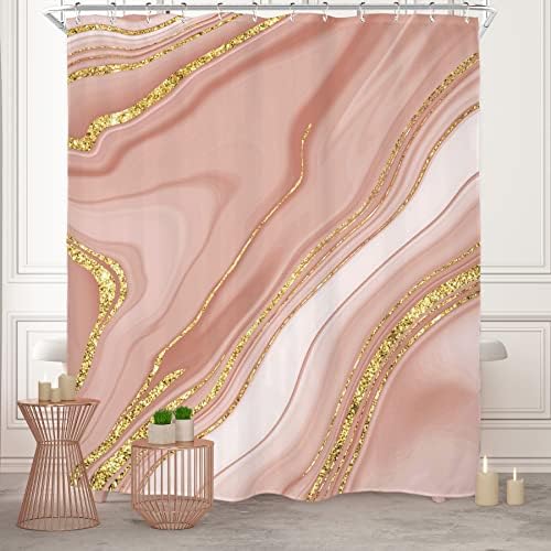 RiyideCor ružičasta zavjesa od mramora za kupatilo DERUCK 60WX72H Estetski moderni luksuzni elegantna zlatna tekstura jedinstvena žena umjetnost tiskana tkanina poliesterska vodootporna 12 pakovanja plastične kuke