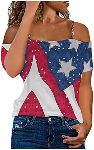 Pimoxv žene 4. jula hladni na vrhu ramena, seksi praznična majica američka zastava tiskana majica METAL Spaghetti remen bluza