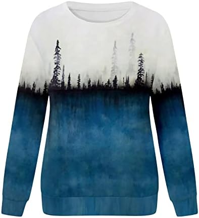 Žene boja stabla Print labave pulover vrhovi okrugli vrat Casual T Shirt dugi rukav teške dukseve za žene