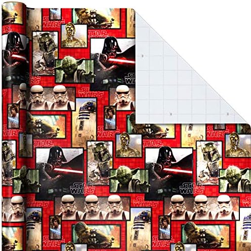 Hallmark Star Wars papir za umotavanje sa rezanim linijama na reversu sa Yoda, Darth Vaderom, Chewbaccom, R2-D2, C-3PO, Stormtroopers, X-Wing, Millennium Falcon