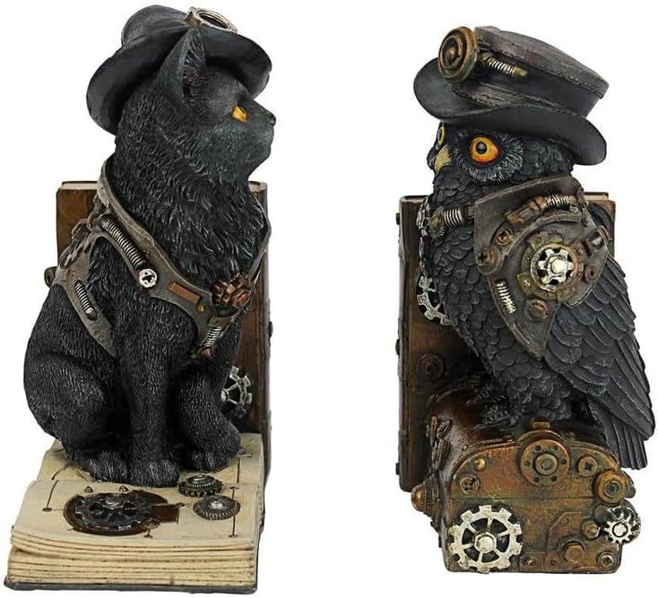 Dizajn Toscano tražitelji znanja Steampunk mačka i Sova skulpturalni držači za knjige