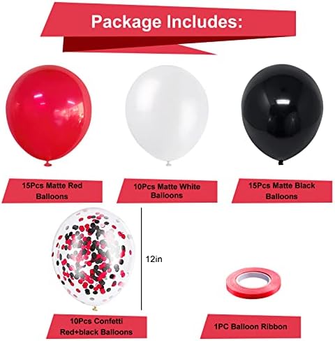 Komplet balona za crne crvene konfete, 50 kom 12 inča crveni crno bijeli crveni konfeti baloni sa trakom za Baby Shower rođendanske dekoracije za maturu