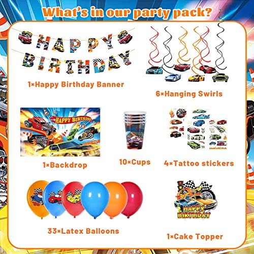 169 kom Race Car rođendanske potrepštine, Auto tema dekoracije za služi 10 gosti, uključuju Banner, Cupcake Toppers, viseći kovitla, pozadina, stolnjaci, baloni, stolnjak i Tetovaža naljepnice