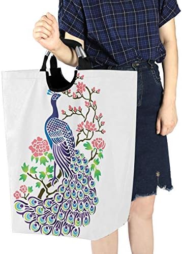Yyzzh cvijet pauna božura cvjetna grana na bijeloj velikoj torbi za veš korpa torba za kupovinu sklopiva poliesterska korpa za veš sklopiva torba za odjeću sklopiva kanta za pranje