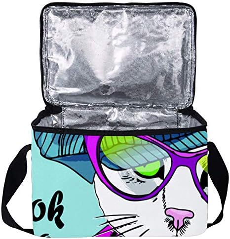 Nepropusna kutija za ručak, izolovana Bento kutija za muškarce i žene za odrasle, kanta za ručak za višekratnu upotrebu sa naramenicom Vector White Cat sa naočarima i kapom