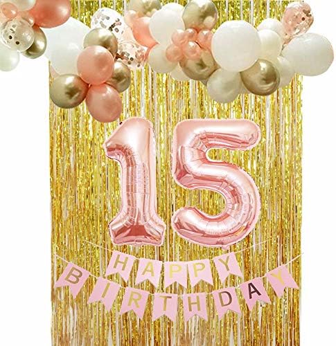 15. rođendanski ukrasi za zabavu za djevojčice Rose Gold-Pink Happy Rođendan Baner, zlatna folija metalna zavjesa s DIY Confetti Balloon Garland kao pozadine, fotografije, fotografije