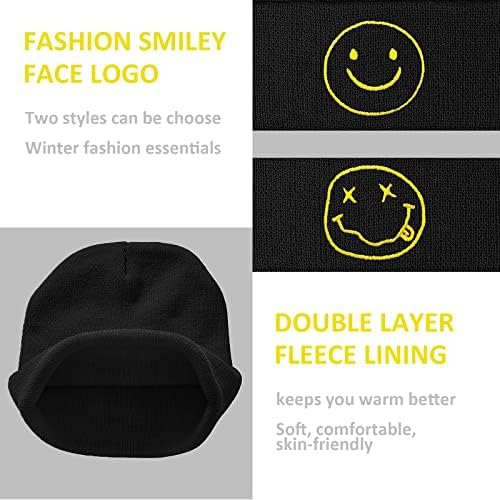 SDKSEOM Smiley Face Beanie Cool pleteni vez Funny Beanie šeširi zimski grafički Skull Caps crne kape za muškarce žene momci