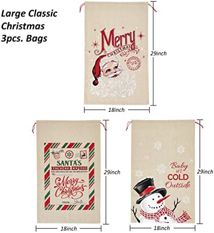 Ugodno lil 'božić 3 Santa Burlap Sack Božićne torbe za poklon sa crtežom 29 x 18 za velike memorijske memorije, zalihe događaja, božićne zabave favorizira