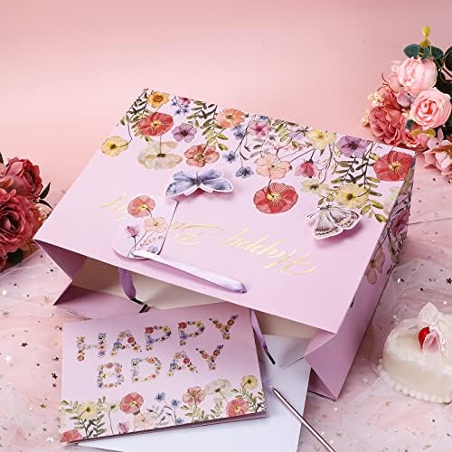 WRAPAHOLIC 13 velika rođendanska poklon torba sa čestitkom i maramicom-elegantan cvjetni i leptir sa zlatnom folijom dizajn natpisa za Sretan rođendan za zabavu