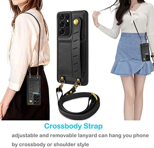 Tekcoo novčanik slučaj za Galaxy S21 / Galaxy S21 5G, PU Koža ručni držač kartica Slot nošenje [Removable Crossbody Strap] torbica zaštitni stražnji poklopac za Samsung S21 Black
