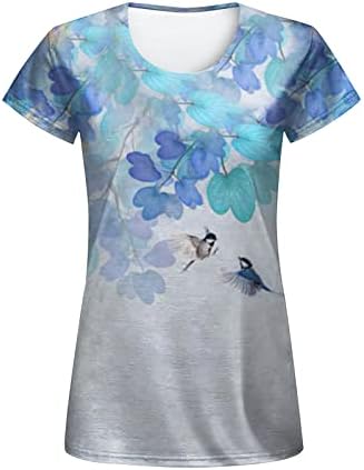 NOKMOPO Ženske majice Casual kratki rukav modni casual digitalni tisak s cvijećem i ptičjim kratkim rukavima od labave majice
