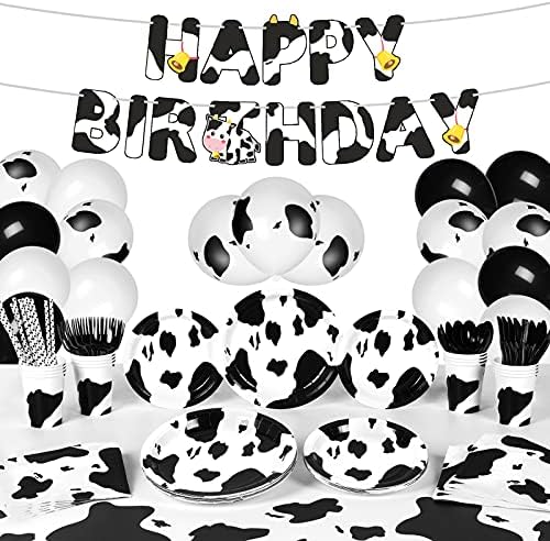 DECORLIFE 150kom krava potrepštine služi 16, uključuje 54 x 108 inčni stolnjak, 20kom baloni, Banner, krava Print ploče, šalice, salvete, pribor, za kravlje Party Dekoracije