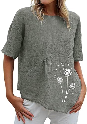 Džepovi vrhovi za žene pamučne posteljine kratkih rukava majice ljetni maslačak Ispis labavo comfy crewneck tunika bluza