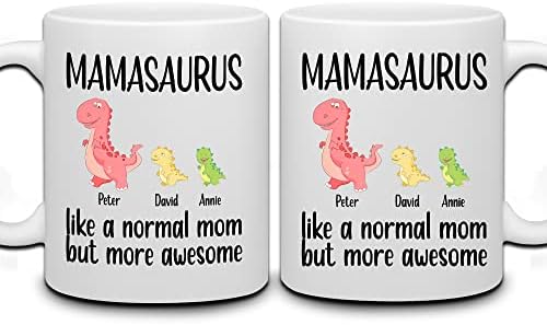 Whidobe Personalizirani MAMASAURUS MUP Custom 11oz, 15oz krigla sa dinosaur avatarima, imena - smiješna šolja za kavu za mamu od kćeri,