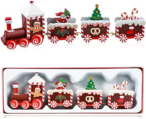 Božićni vlak obojen drvenim božićnim ukrasom Mini božićno stakleni voz Božićni ukras Drveni željeznički dekor za Xmas Stolni ukras